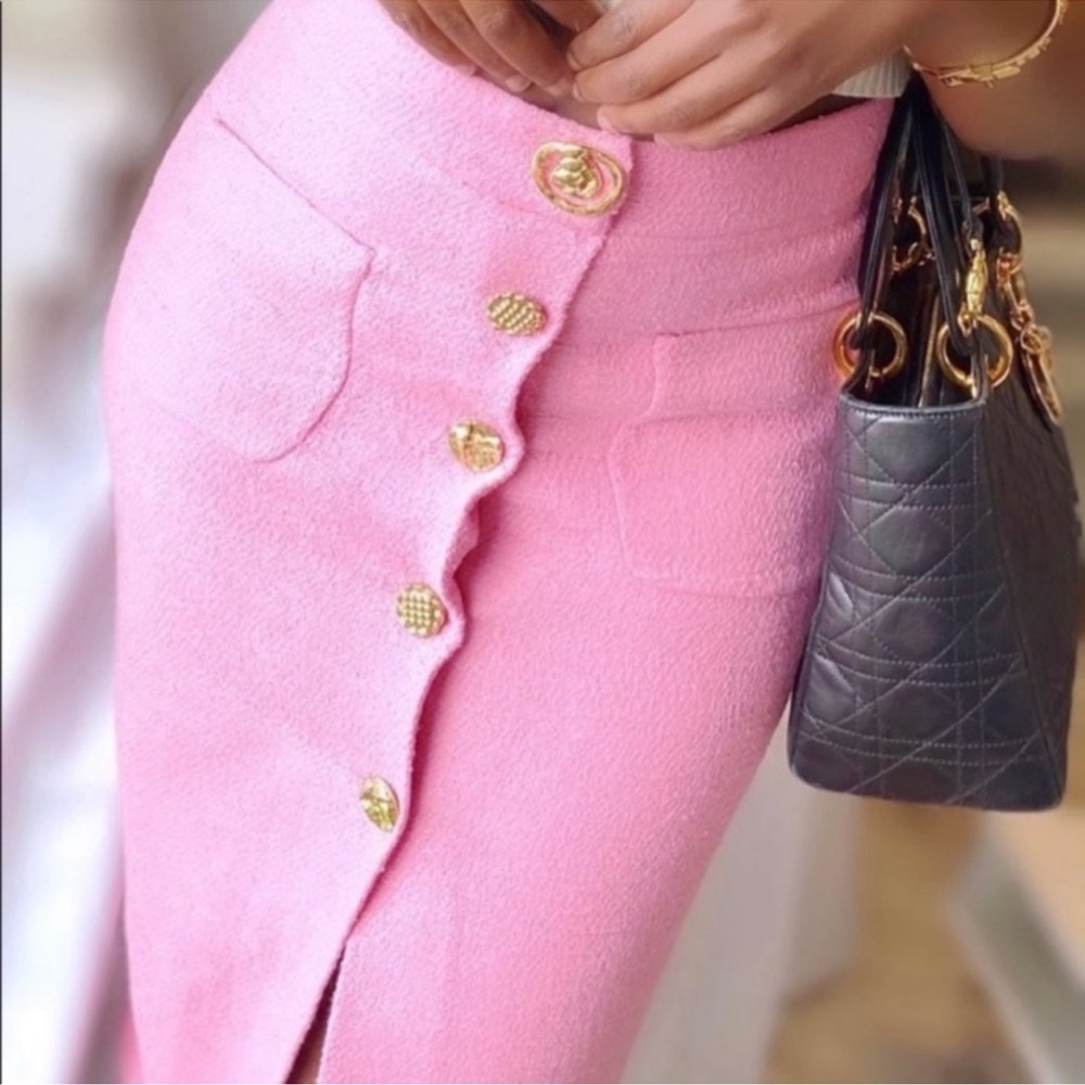 Zara Pink Tweed Gold Button Front Slit Midi Skirt XS Textured High Waisted